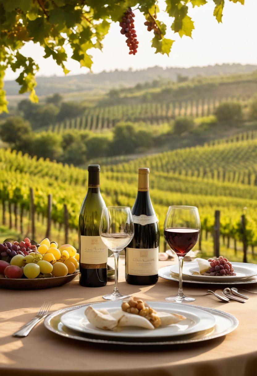 A beautifully set dining table featuring elegant wine glasses filled with high-end wines, accompanied by sparkling diamond alternatives elegantly displayed. Soft lighting highlights the rich hues of the wine, while a lush vineyard can be seen in the background. Surrounding the table are tantalizing gourmet dishes, showcasing a fusion of flavors. The overall ambiance exudes luxury and sophistication. elegant photography. subtle warm tones.