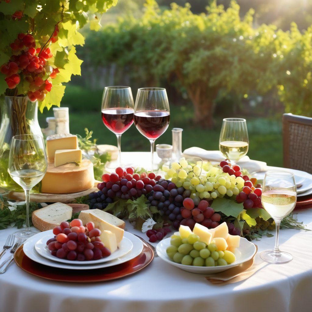 A lavish dining table set outdoors, adorned with elegant wine glasses filled with rich red and crisp white wines, surrounded by artisanal cheeses and colorful gourmet dishes. Soft sunlight filters through lush grapevines in the background, enhancing the luxurious atmosphere. Elegant details like fine cutlery and delicate floral arrangements create a sophisticated ambiance. super-realistic. vibrant colors. soft focus.