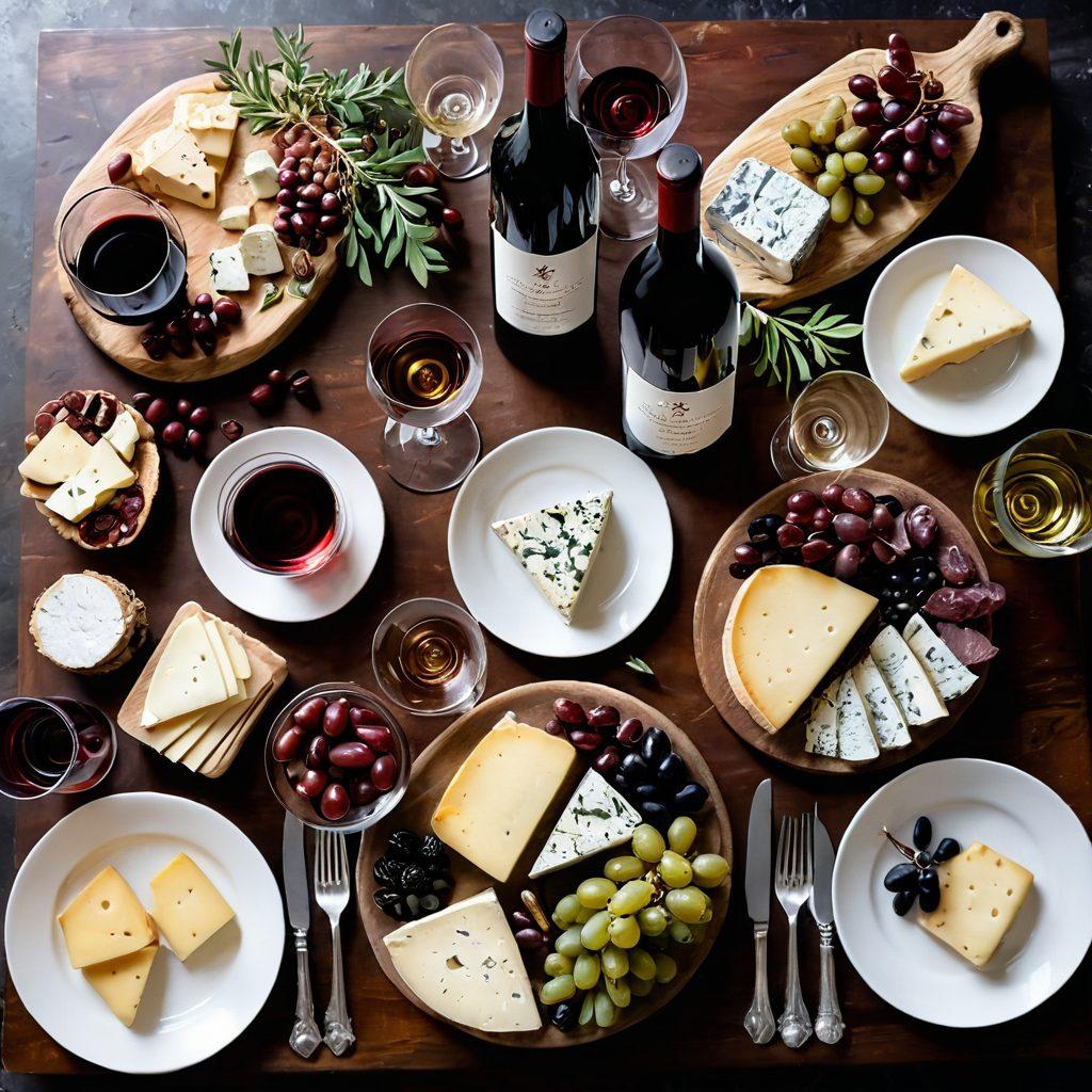 A beautifully arranged table featuring exquisite wine glasses filled with rich red and crisp white wine, surrounded by an array of artisan cheeses, olives, and handcrafted charcuterie. Delicate vines spill artistically across the table, depicting the journey from vineyard to table, alongside sparkling gemstones that represent the treasures of wine pairing. Soft, warm lighting creates an inviting atmosphere, enhancing the elegance of the scene. oil painting. warm tones. rustic style.
